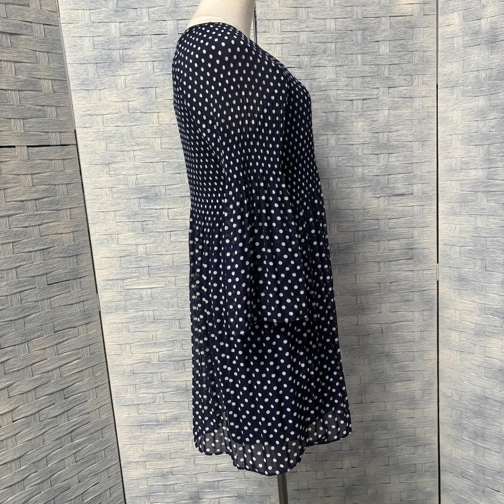 Robert Louis Navy Polka Dot PXL Pleated Bell Sleeve V Neck Midi Whimsigoth Retro - Picture 3 of 9